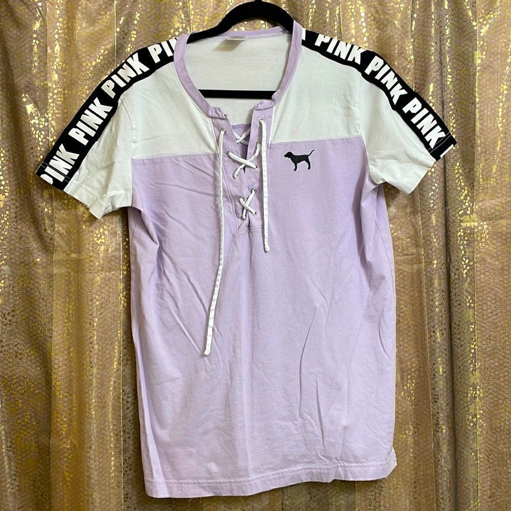 PINK Victorias Secret lavender/white/black lace up logo t-shirt, size S